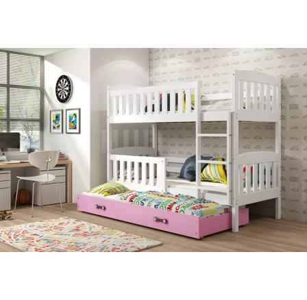 Dětská patrová postel KUBUS 3 s přistýlkou 80x190 cm, včetně matrací, Bílá/Růžová