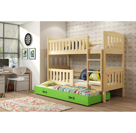 Dětská patrová postel KUBUS 3 s přistýlkou 90x200 cm, včetně matrací, Přírodní/Zelená