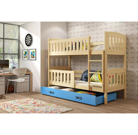 Dětská patrová postel KUBUS se šuplíkem 90x200 cm, včetně matrací, Přírodní/Modrá