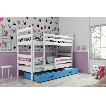 Dětská patrová postel ERYK se šuplíkem 80x190 cm, včetně matrací, Bílá/Modrá