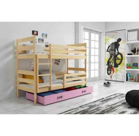 Dětská patrová postel ERYK se šuplíkem 80x190 cm, včetně matrací, Přírodní/Růžová