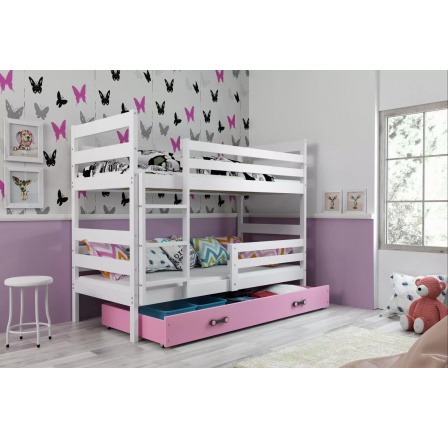Dětská patrová postel ERYK se šuplíkem 80x160 cm, včetně matrací, Bílá/Růžová