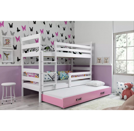 Dětská patrová postel ERYK 3 s přistýlkou 80x160 cm, včetně matrací, Bílá/Růžová