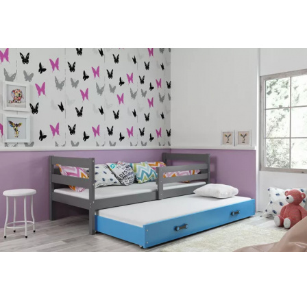 Dětská postel ERYK s přistýlkou 80x190 cm, včetně matrací, Grafit/Modrá