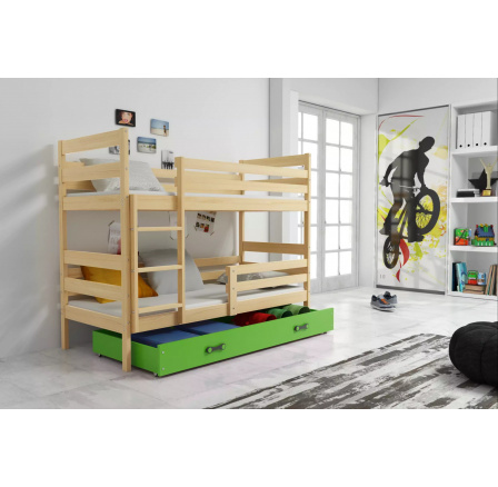 Dětská patrová postel ERYK se šuplíkem 80x160 cm, včetně matrací, Přírodní/Zelená