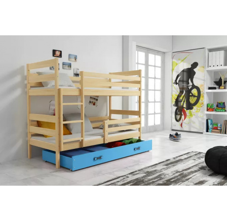 Dětská patrová postel ERYK se šuplíkem 90x200 cm, včetně matrací, Přírodní/Modrá