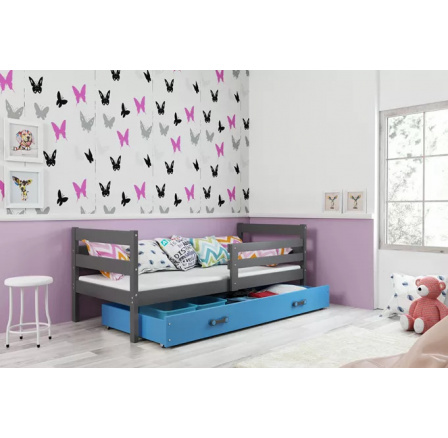 Dětská postel ERYK 90x200 cm se šuplíkem, s matrací, Grafit/Modrá