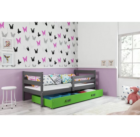 Dětská postel ERYK 90x200 cm se šuplíkem, s matrací, Grafit/Zelená