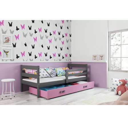 Dětská postel ERYK 90x200 cm se šuplíkem, s matrací, Grafit/Růžová