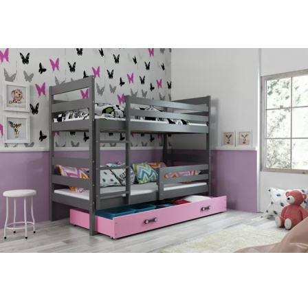 Dětská patrová postel ERYK se šuplíkem 80x190 cm, včetně matrací, Grafit/Růžová
