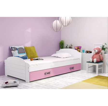 Dětská postel LILI 90x200 cm se šuplíkem, s matrací, Bílá/Růžová
