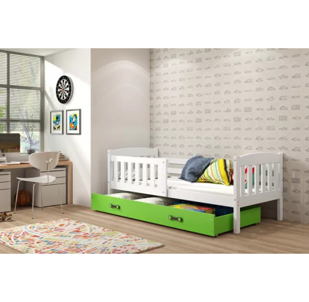 Dětská postel KUBUS 90x200 cm se šuplíkem, s matrací, Bílá/Zelená