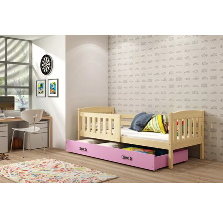 Dětská postel KUBUS 90x200 cm se šuplíkem, s matrací, Přírodní/Růžová