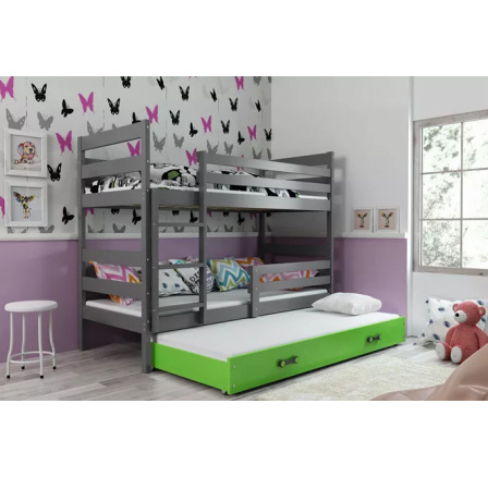 Dětská patrová postel ERYK 3 s přistýlkou 90x200 cm, včetně matrací, Grafit/Zelená