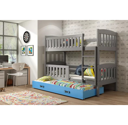 Dětská patrová postel KUBUS 3 s přistýlkou 80x190 cm, včetně matrací, Grafit/Modrá