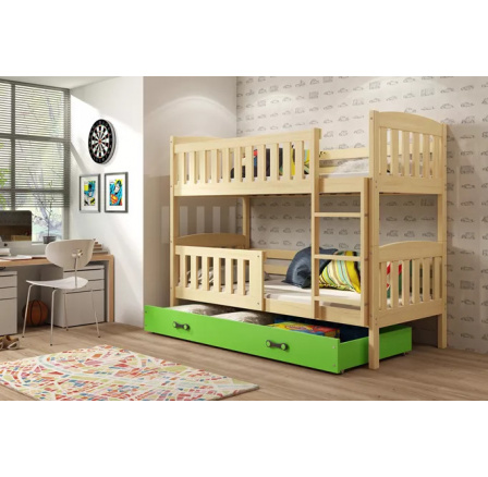 Dětská patrová postel KUBUS se šuplíkem 80x190 cm, včetně matrací, Přírodní/Zelená