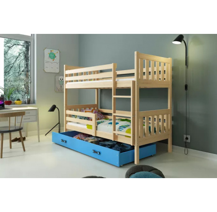 Dětská patrová postel CARINO se šuplíkem 80x190 cm, bez matrací, Přírodní/Modrá