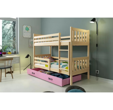 Dětská patrová postel CARINO se šuplíkem 80x190 cm, bez matrací, Přírodní/Růžová