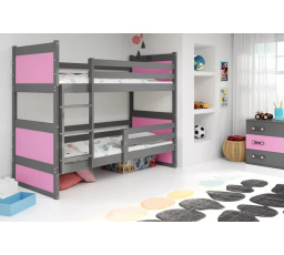Dětská patrová postel RICO 90x200 cm, včetně matrací, Grafit/Růžová