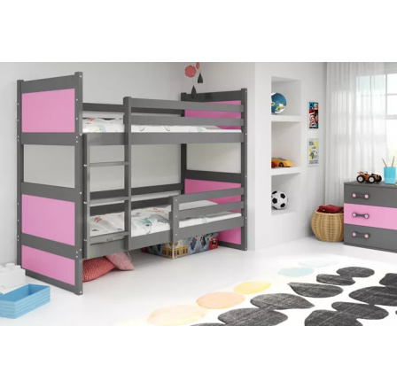 Dětská patrová postel RICO 80x190 cm, včetně matrací, Grafit/Růžová