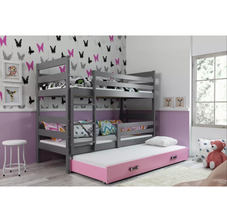 Dětská patrová postel ERYK 3 s přistýlkou 80x190 cm, bez matrací, Grafit/Růžová