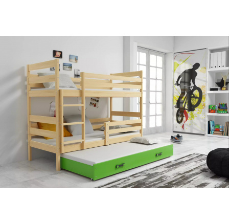 Dětská patrová postel ERYK 3 s přistýlkou 80x160 cm, bez matrací, Přírodní/Zelená