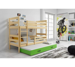 Dětská patrová postel ERYK 3 s přistýlkou 90x200 cm, bez matrací, Přírodní/Zelená