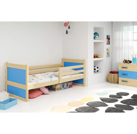 Dětská postel RICO 90x200 cm, s matrací, Přírodní/Modrá