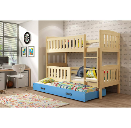 Dětská patrová postel KUBUS 3 s přistýlkou 90x200 cm, bez matrací, Přírodní/Modrá