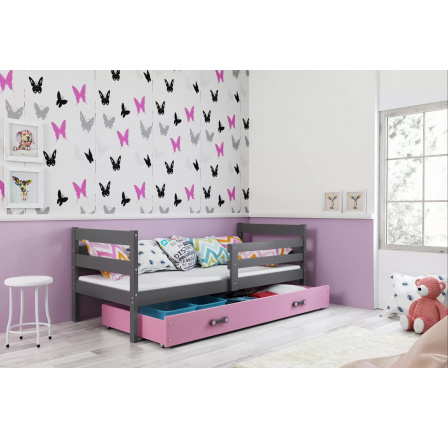 Dětská postel ERYK 90x200 cm se šuplíkem, bez matrace, Grafit/Růžová