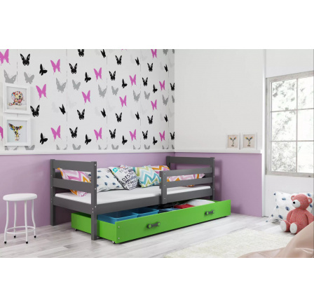 Dětská postel ERYK 90x200 cm se šuplíkem, bez matrace, Grafit/Zelená