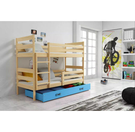 Dětská patrová postel ERYK se šuplíkem 80x190 cm, bez matrací, Přírodní/Modrá