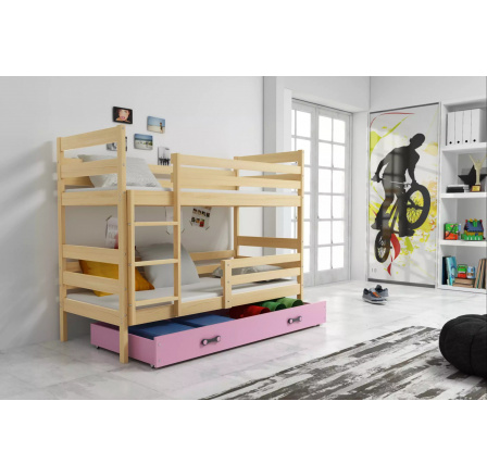 Dětská patrová postel ERYK se šuplíkem 80x160 cm, bez matrací, Přírodní/Růžová