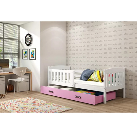 Dětská postel KUBUS 80x190 cm se šuplíkem, s matrací, Bílá/Růžová