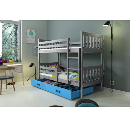 Dětská patrová postel CARINO se šuplíkem 80x160 cm, včetně matrací, Grafit/Modrá