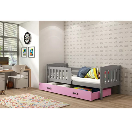 Dětská postel KUBUS 80x190 cm se šuplíkem, s matrací, Grafit/Růžová