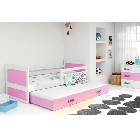 Dětská postel RICO s přistýlkou 90x200 cm, s matracemi, Bílá/Růžová