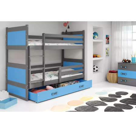 Dětská patrová postel RICO se šuplíkem 80x160 cm, včetně matrací, Grafit/Modrá