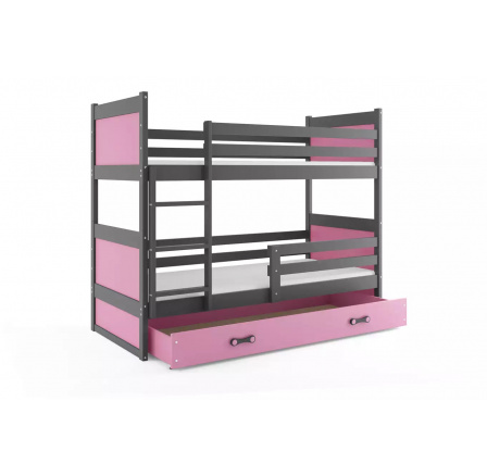 Dětská patrová postel RICO se šuplíkem 80x160 cm, včetně matrací, Grafit/Růžová