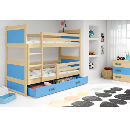 Dětská patrová postel RICO se šuplíkem 90x200 cm, včetně matrací, Přírodní/Modrá