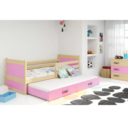 Dětská postel RICO s přistýlkou 80x190 cm, s matracemi, Přírodní/Růžová