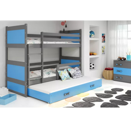 Dětská patrová postel RICO 3 s přistýlkou 90x200 cm, včetně matrací, Grafit/Modrá