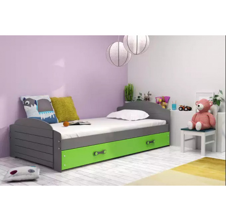 Dětská postel LILI 90x200 cm se šuplíkem, s matrací, Grafit/Zelená