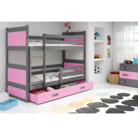 Dětská patrová postel RICO se šuplíkem 80x160 cm, bez matrací, Grafit/Růžová