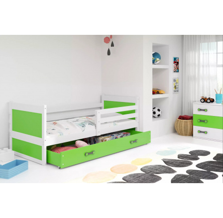 Dětská postel RICO 90x200 cm se šuplíkem, bez matrace, Bílá/Zelená