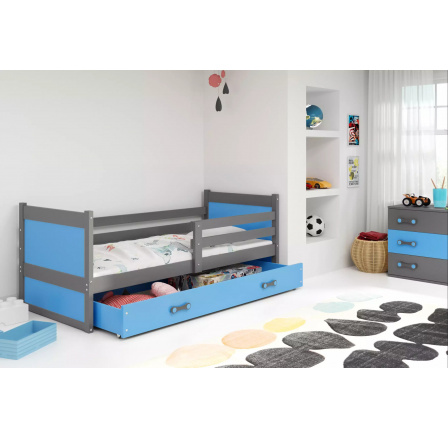 Dětská postel RICO 80x190 cm se šuplíkem, bez matrace, Grafit/Modrá