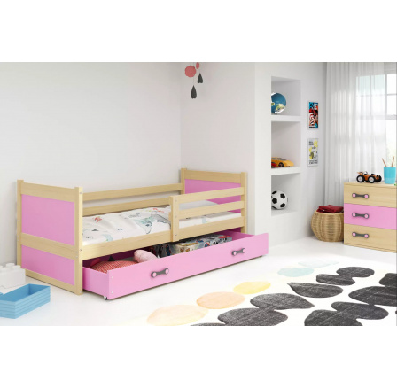 Dětská postel RICO 80x190 cm se šuplíkem, bez matrace, Přírodní/Růžová